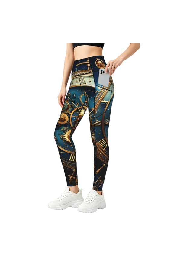 Women's Yoga Pants with Pocket for Athletic Running Workout Gym Jogging, Steampunk Clockwork Wheels Starry