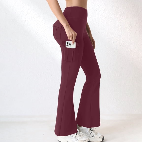 Women's Yoga Pants with Pockets Flare Leggings High Waist Yoga Dress Pants Tall Bootcut Casual Work Wine XXL