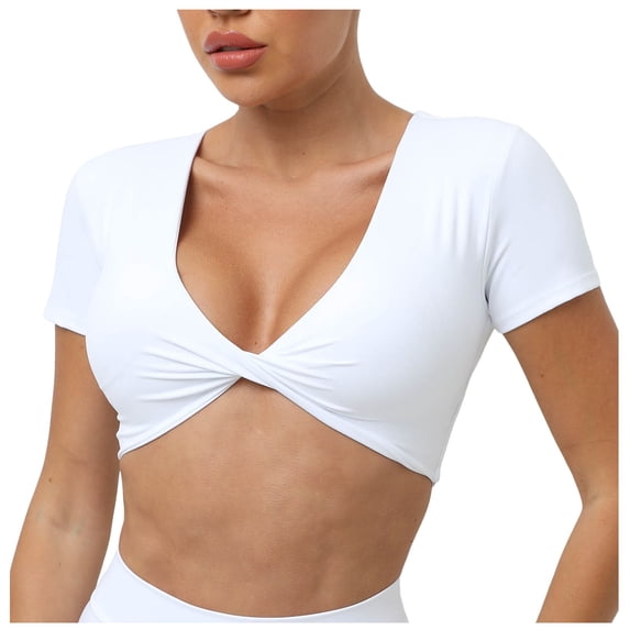 Women's Yoga Short Sleeve Tight V-Neck Sports T-Shirt - High Strength Fitness Clothing with Padded Support, True to Size (S-L)
