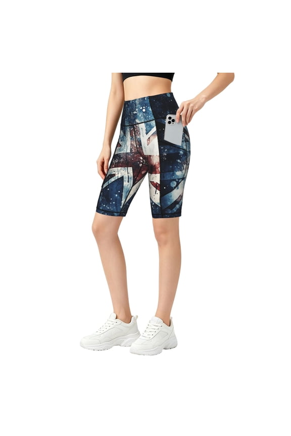 Women's Yoga Shorts Stretch Soft Breathable Workout Athletic Shorts, Union Jack Vintage UK Flag Starry