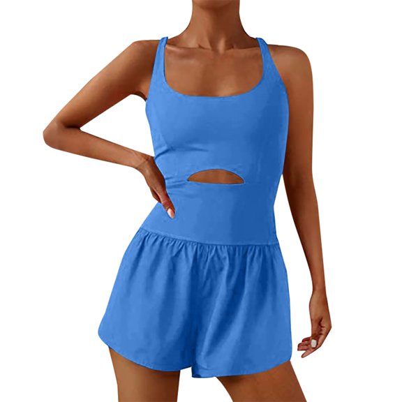 Women's Yoga Shorts Womens Workout Romper Summer Slim Fit Sleeveless Square Neck Spaghetti Strap Rompers Hollow Out Backless Jumpsuits,Blue Women's Yoga Shorts L