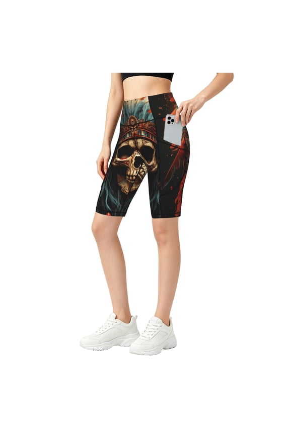 Women's Yoga Shorts Workout Biker Shorts for Gym Running Daily Wear, Skull Indian Chief Black