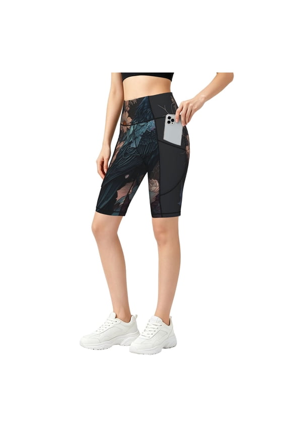 Women's Yoga Shorts with Pockets for Workout Stretch Athletic Running, Crow Flowers Raven Gothic
