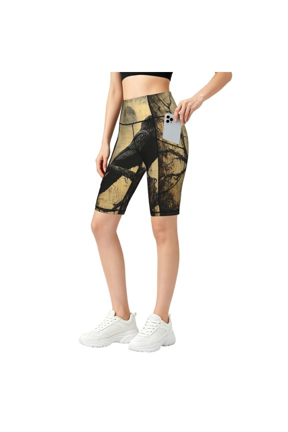 Women's Yoga Shorts with Pockets for Workout Stretch Athletic Running, Crow Raven Vintage
