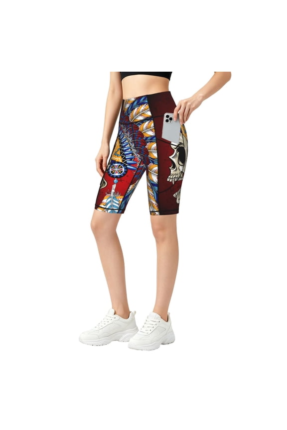 Women's Yoga Shorts with Pockets for Workout Stretch Athletic Running, Indian Skull Tribal Chief