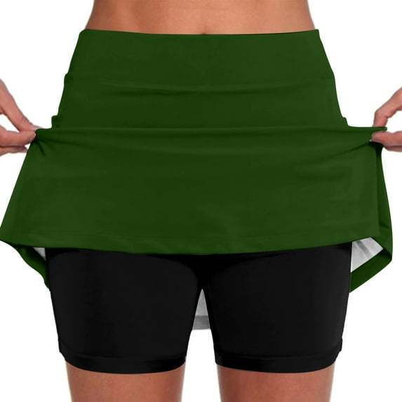 Women's Yoga Sport Mini Skirts Casual Solid Color Tennis Pocket Tummy Control Short Dark Green Skirt XXL
