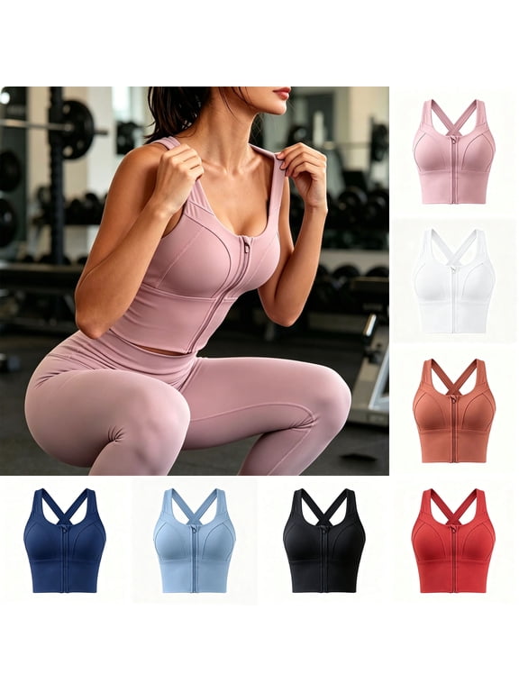 Women's Yoga Sports Longline Bra Front Zip-Up Wide Straps Workout Bra Supportive Cross Back Running Underwear S-3XL