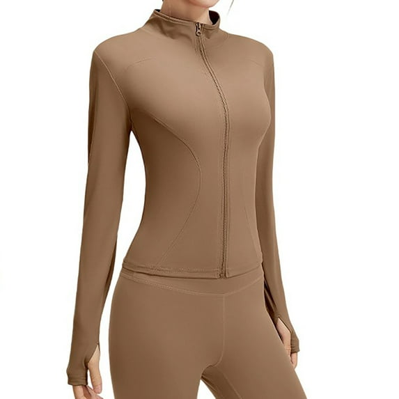 Women's Yoga Sportwear Lightweight Zip Up Jackets Slim Fit Workout Shapewear Coffee S