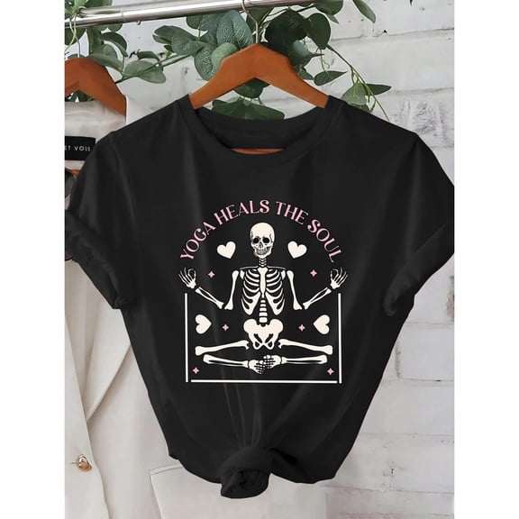Women's Yoga T-Shirt, Graphic Tees,Casual Short Sleeve Top with Skull Heart Print, Loose Fit,Comfortable Streetwear,Fashion,cotton,black,S-5XL