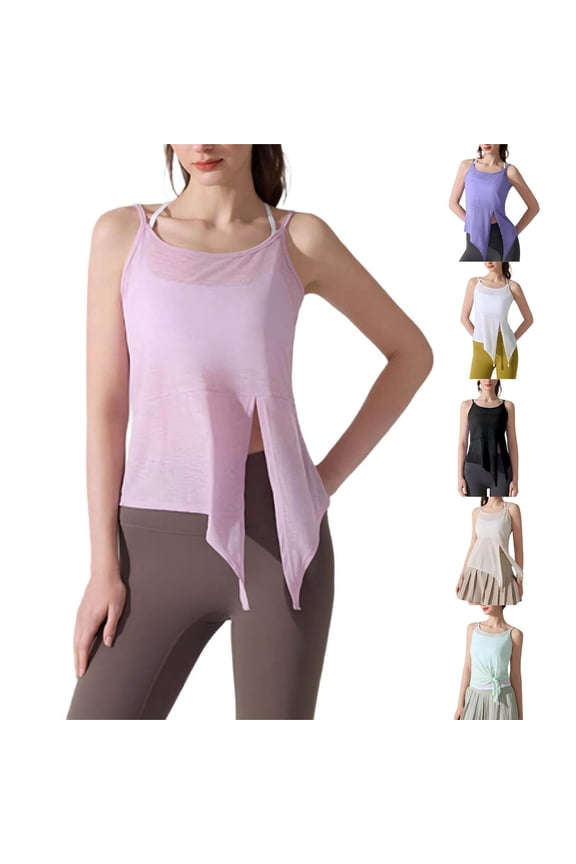 Women's Yoga Tank Tops Spaghetti Strap Side Slit Mesh Halter Lightweight Breathable Casual Sporty Blouse (XL, Pink)