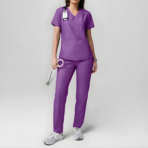 Women's Yogaflex Jogger Breathable Scrubs Uniform Set - Regular & Petite Sizes | V-Neck Multi-Pocket Top with Yoga Waist Joggers,Purple L