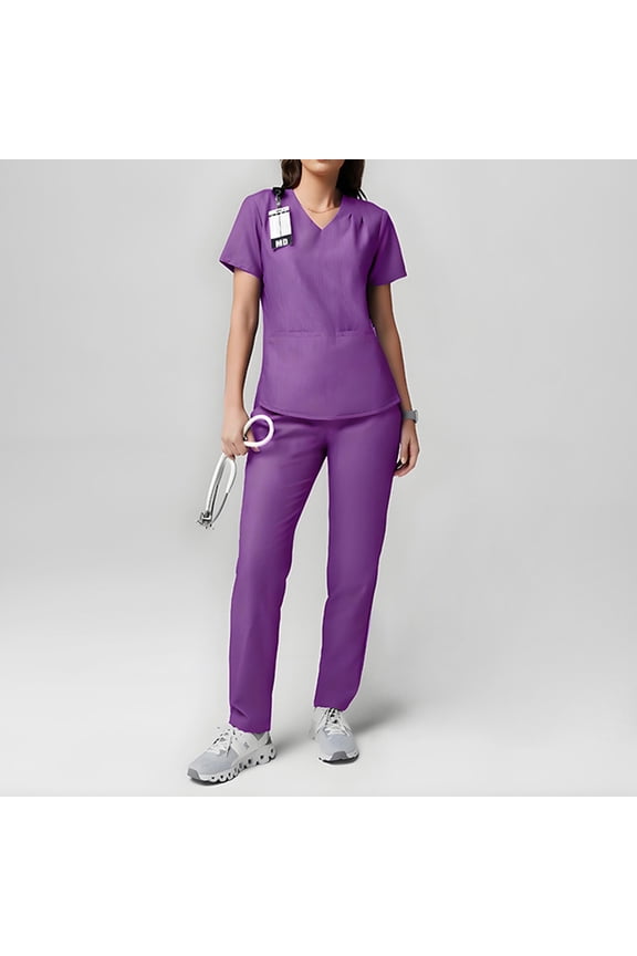 Women's Yogaflex Jogger Breathable Scrubs Uniform Set - Regular & Petite Sizes | V-Neck Multi-Pocket Top with Yoga Waist Joggers,Purple M