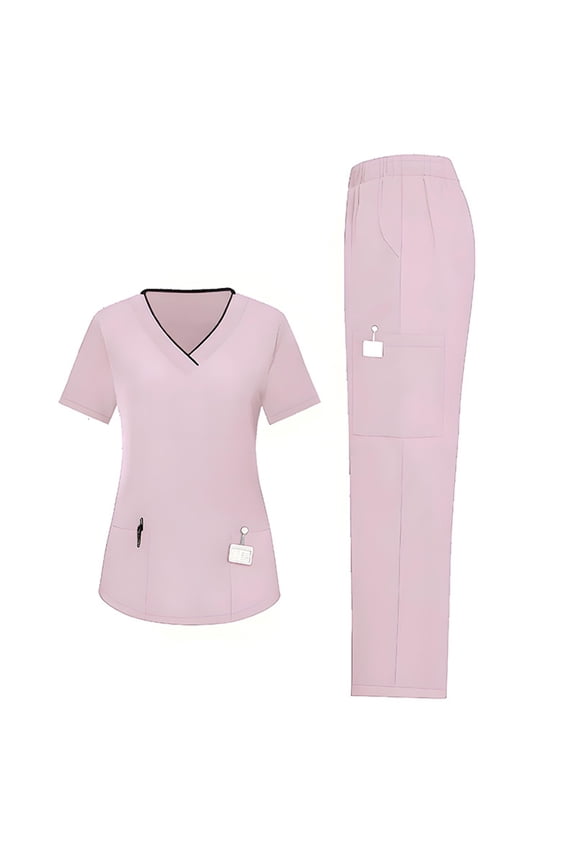 Women's Yogaflex Jogger Stretch Scrubs Uniform Set - Regular & Petite Sizes | V-Neck Multi-Pocket Top with Yoga Waist Joggers,Pink L