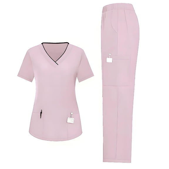 Women's Yogaflex Jogger Stretch Scrubs Uniform Set - Regular & Petite Sizes | V-Neck Multi-Pocket Top with Yoga Waist Joggers,Pink M