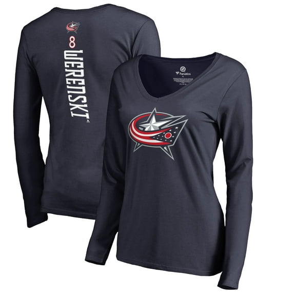 Women's Zach Werenski Navy Columbus Blue Jackets Backer Name & Number Slim Fit Long Sleeve V-Neck T-Shirt