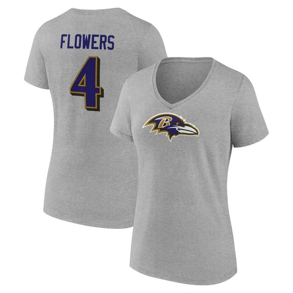 Women's Zay Flowers Gray Baltimore Ravens Icon Player Name & Number V-Neck T-Shirt