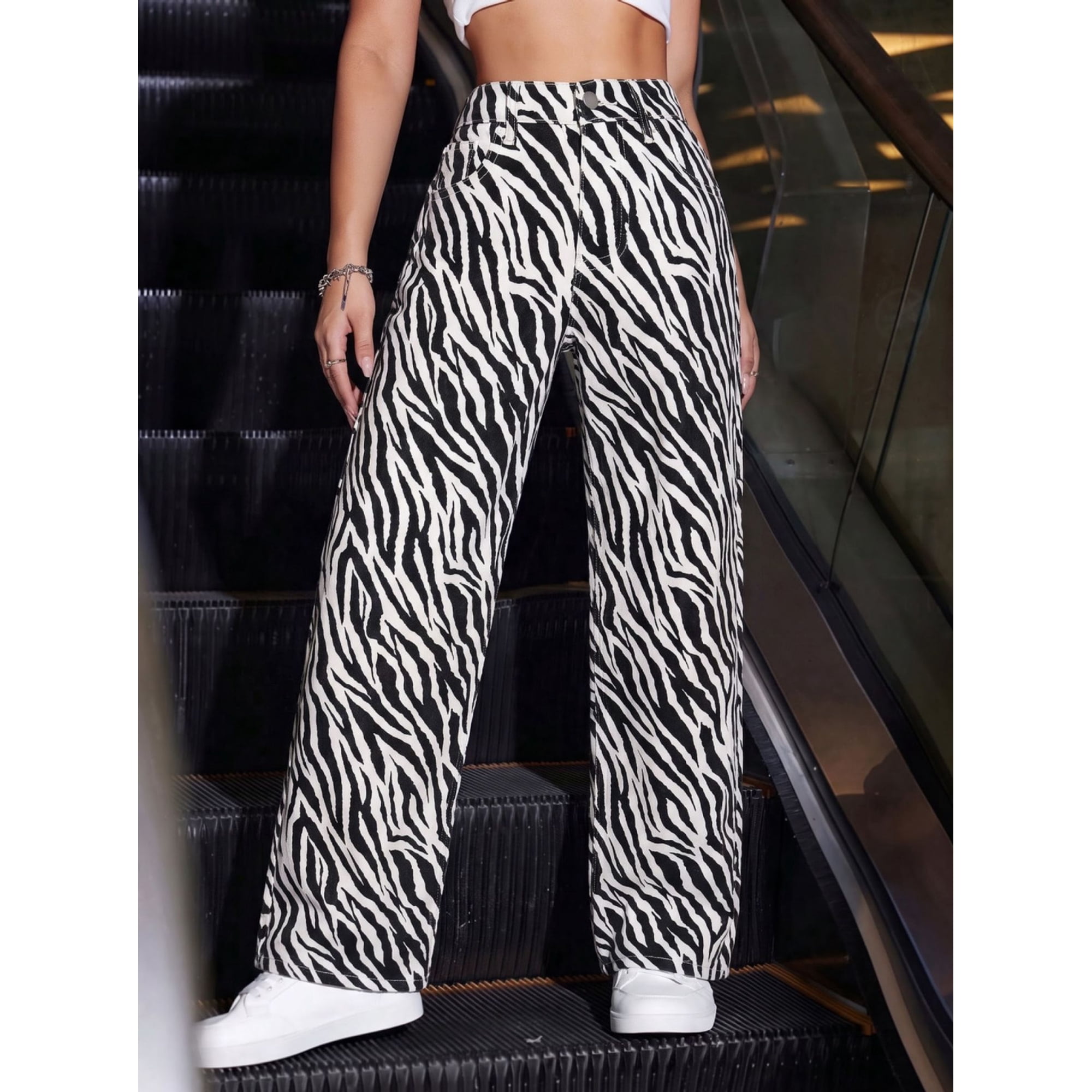 Women's Zebra Print Denim Wide Leg Pants Mid Rise Loose Fit Long ...
