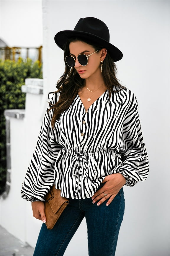 Women's Zebra Print Long Sleeve Button Top