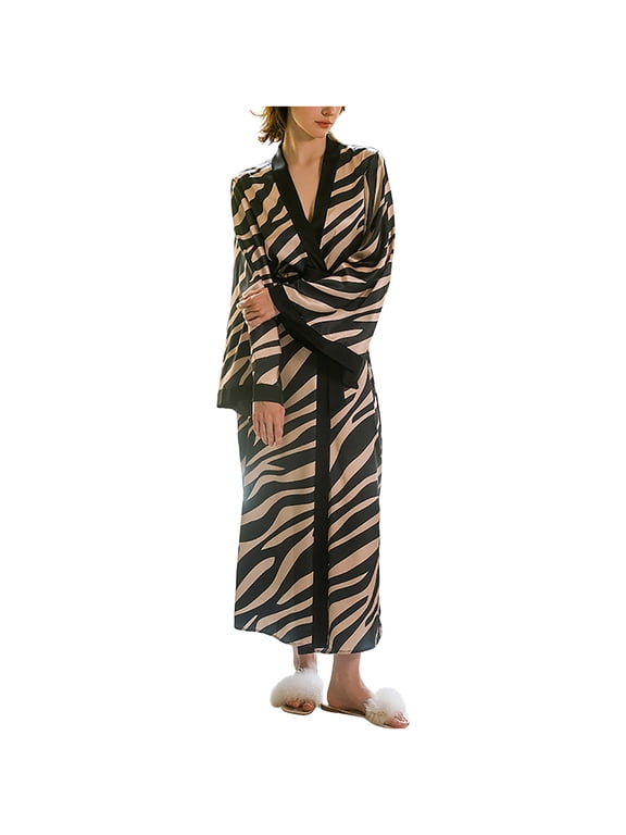 Women's Zebra Print Satin Kimono Robe - Long Sleeve Elegant Sleepwear for Bride & Lounge, Soft Lightweight Long Bathrobe for Honeymoon & Spa