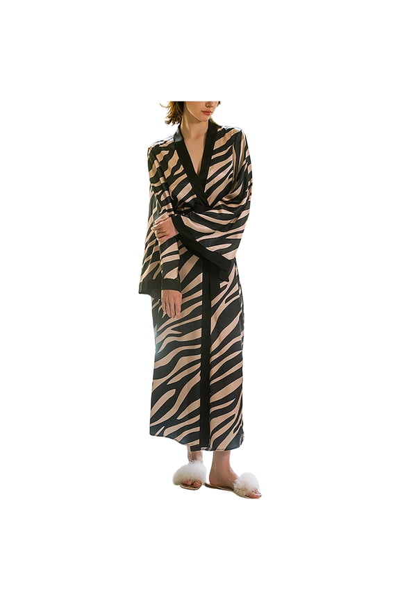 Women's Zebra Print Satin Kimono Robe - Long Sleeve Elegant Sleepwear for Bride & Lounge, Soft Lightweight Long Bathrobe for Honeymoon & Spa