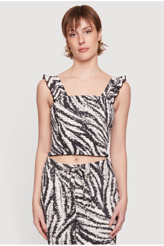 Women's Zebra Print Smocked Crop Top with Ruffle Straps