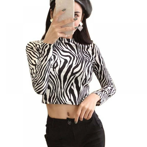 Women's Zebra Print Turtleneck Slim Long Sleeve Crop Top