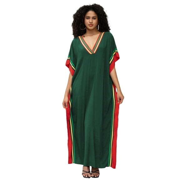 Women's Zebra Striped Beach Dress Batwing Sleeve Kaftan Tunic Plus Size moomoo House Wear Long Caftan V-Neck Summer Swimwear Coverup Vacataion Robe