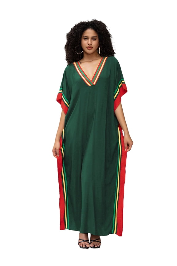 Women's Zebra Striped Beach Dress Batwing Sleeve Kaftan Tunic Plus Size moomoo House Wear Long Caftan V-Neck Summer Swimwear Coverup Vacataion Robe