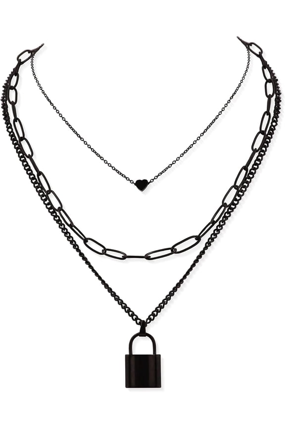 Women's Zinc Alloy & Stainless Steel Gothic Black Layered Necklace Heart & Lock Pendant, Y2K Emo Necklace