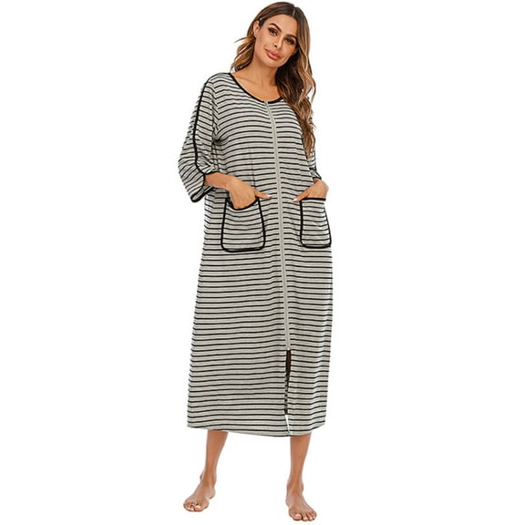 Women's Zip Up Ankle Length Robes Half Sleeve Zipper Bathrobe Cotton House Coat with Pockets,Plus Size Striped O-neck House Coat Loungewear Long Nightgown Housedress,S-XXL Gray