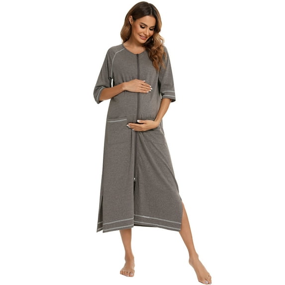 Women's Zip Up Ankle Length Robes Half Sleeve Zipper Bathrobe Cotton House Coat with Pockets,Plus Size Striped O-neck House Coat Loungewear Long Nightgown Housedress for Breastfeeding,S-XXL Gray