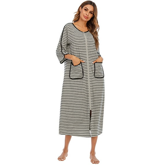 Women's Zip Up Ankle Length Robes Half Sleeve Zipper Bathrobe Cotton House Coat with Pockets,Plus Size Striped O-neck House Coat Loungewear Long Nightgown Housedress,S-XXL Gray