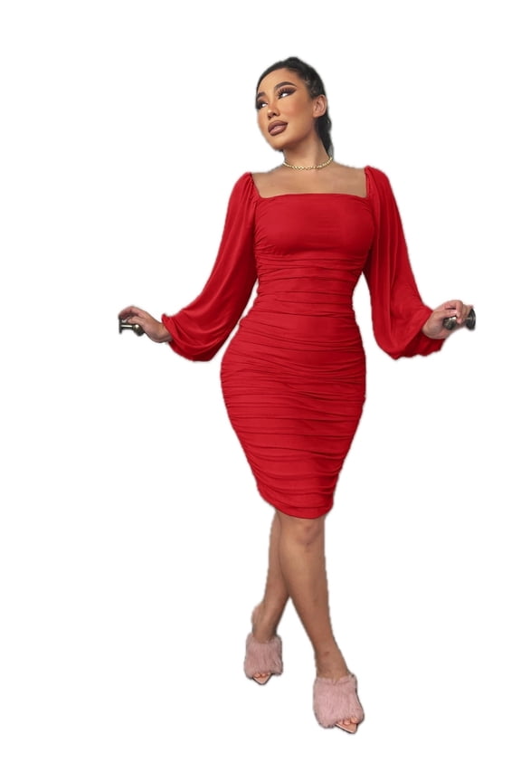 Women's Zip Back Ruched Bodycon Dress Square Neck Knee Length Long Sleeve Chic Minimalist 60% Elastane 40% Polyester