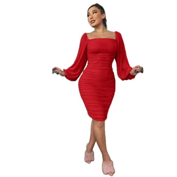 Women's Zip Back Ruched Bodycon Dress Square Neck Knee Length Long Sleeve Chic Minimalist 60% Elastane 40% Polyester