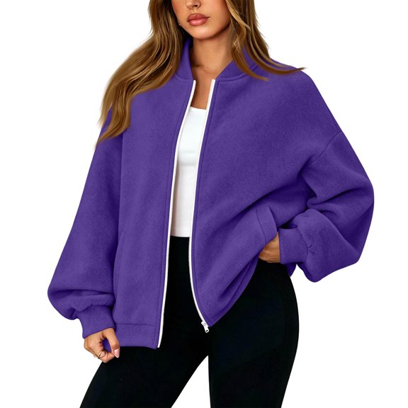 Women's Zip Baseball Jacket, Long Sleeve Solid Color German Velvet Loose Oversized Thermal Coat Outerwear, Purple, XL