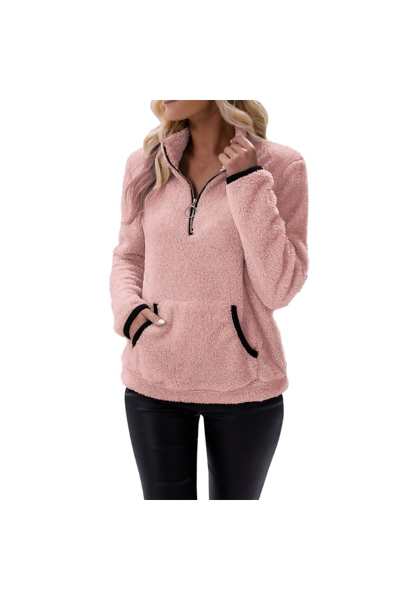 Women's Zip Front Cardigan Long Sleeve Loose Fit Top with Pockets Warm Winter Layer Red M