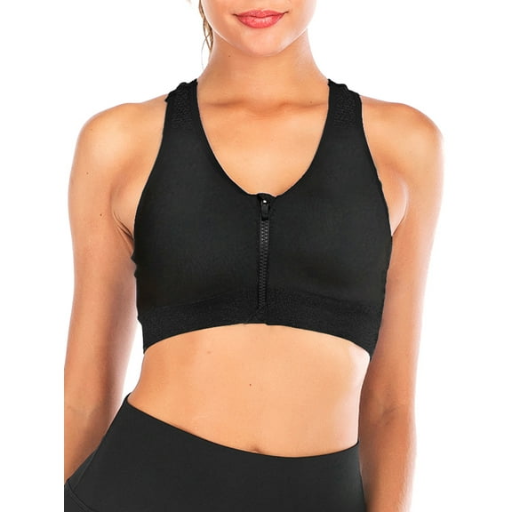 Women's Zip Front Closure Sports Bra Racerback Yoga Bras With Removable Pads Black S