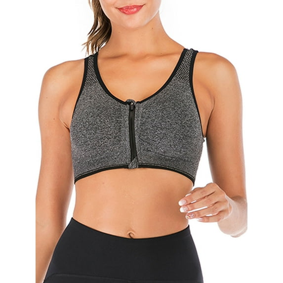 Women's Zip Front Closure Sports Bra Racerback Yoga Bras With Removable Pads Gray L