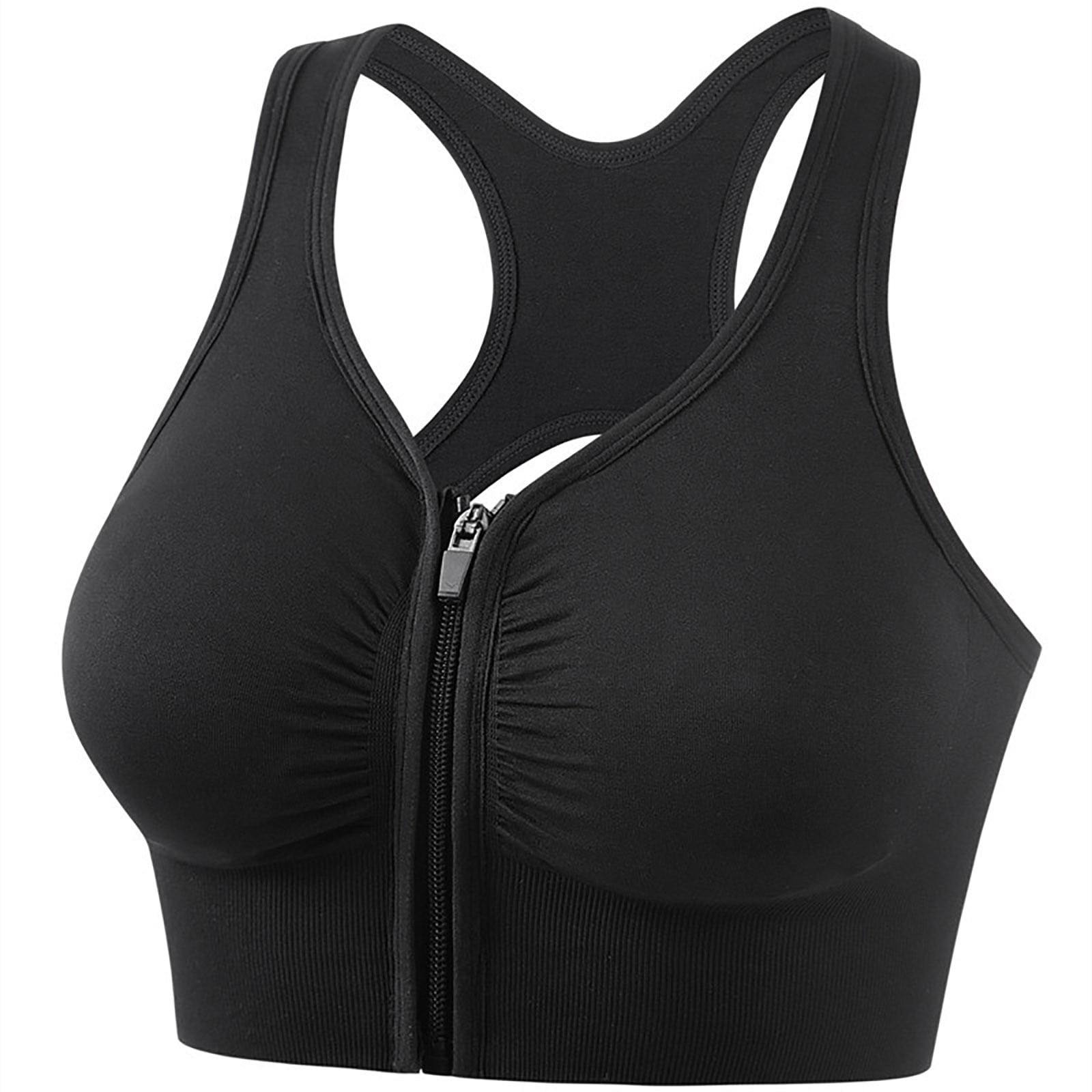 Women's Zip Front Closure Sports Bra - Seamless Wirefree Post Surgery Zipper Padded Racerback