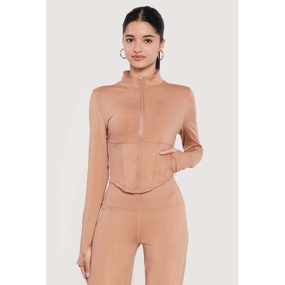 Women's Zip Front Corset Detail Mock Neck Track Jacket