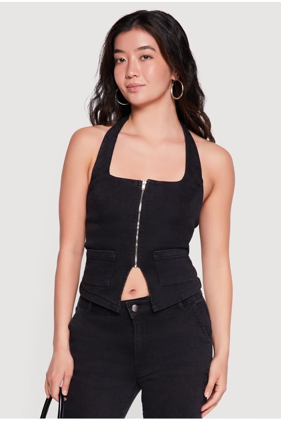 Women's Zip Front Denim Halter Top