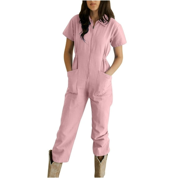 Women's Zip Front Jumpsuit Workwear Short Sleeve Lapel Collared Elastic Waist Overall Pants with Pockets for Casual Streetwear S