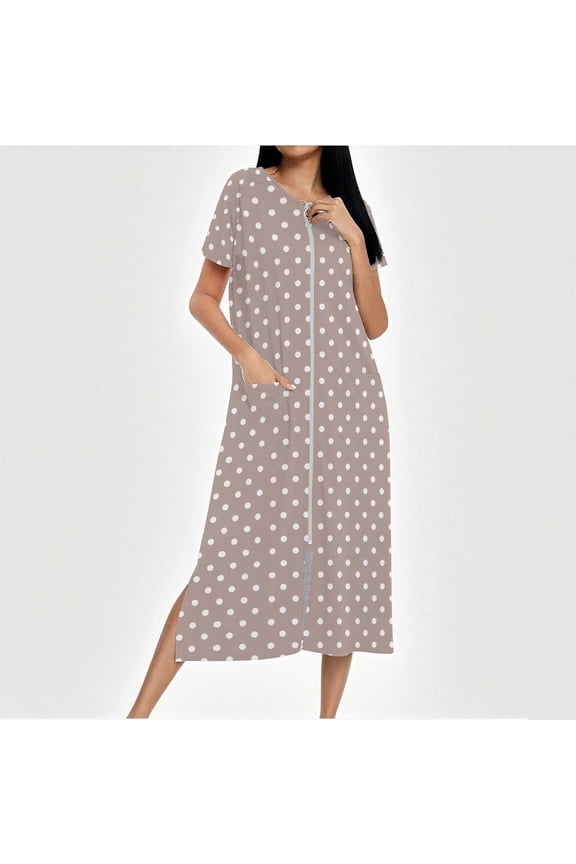 Women's Zip Front Nightgown Short Sleeve Polka Split Hem Loose Midi Robes Loungewear Home Dress with Pockets Khaki XXL