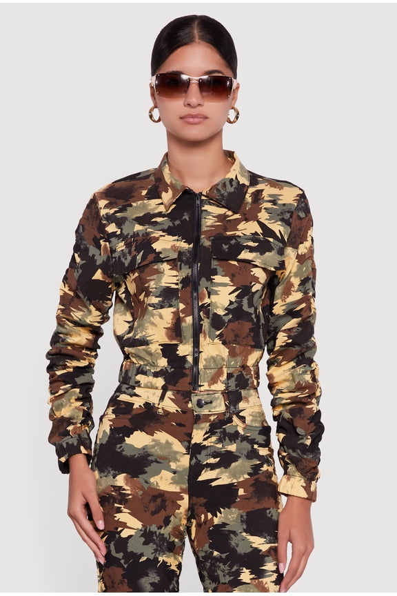 Women's Zip Front Printed Pattern Ruched Sleeve Jacket
