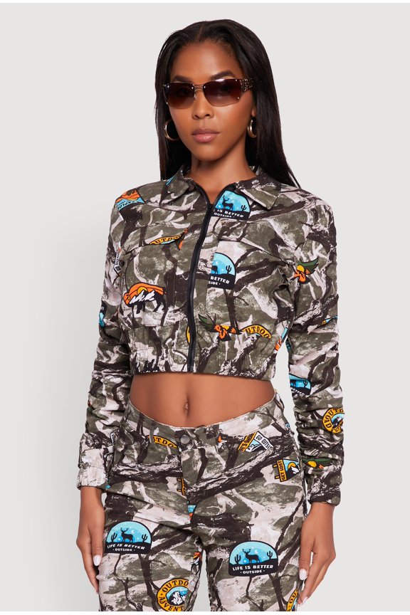 Women's Zip Front Printed Pattern Ruched Sleeve Jacket