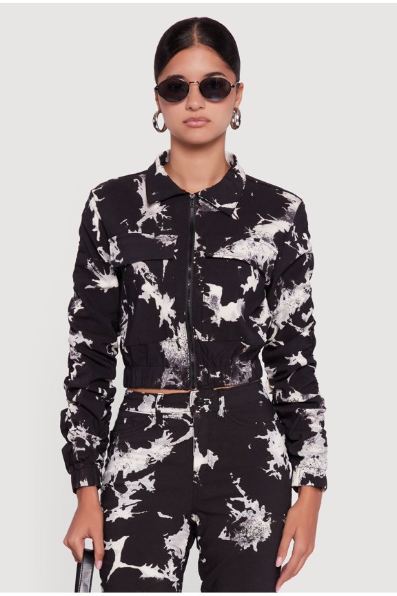 Women's Zip Front Printed Pattern Ruched Sleeve Jacket