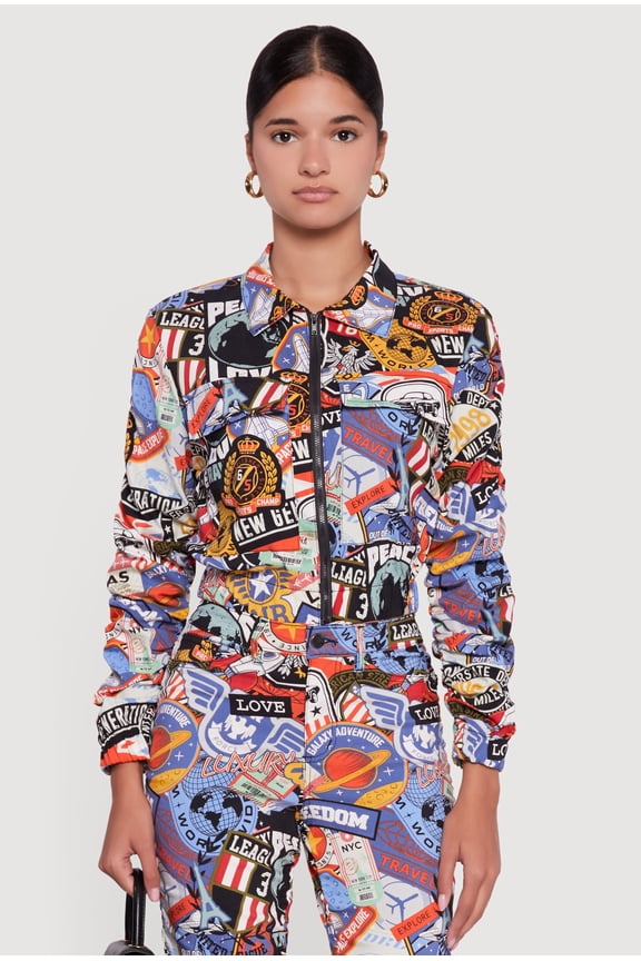 Women's Zip Front Printed Pattern Ruched Sleeve Jacket