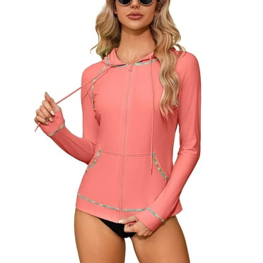 Women's Zip Front Rash Guard Long Sleeve Hooded Swim Shirt With Pockets UPF 50+ Swim Top