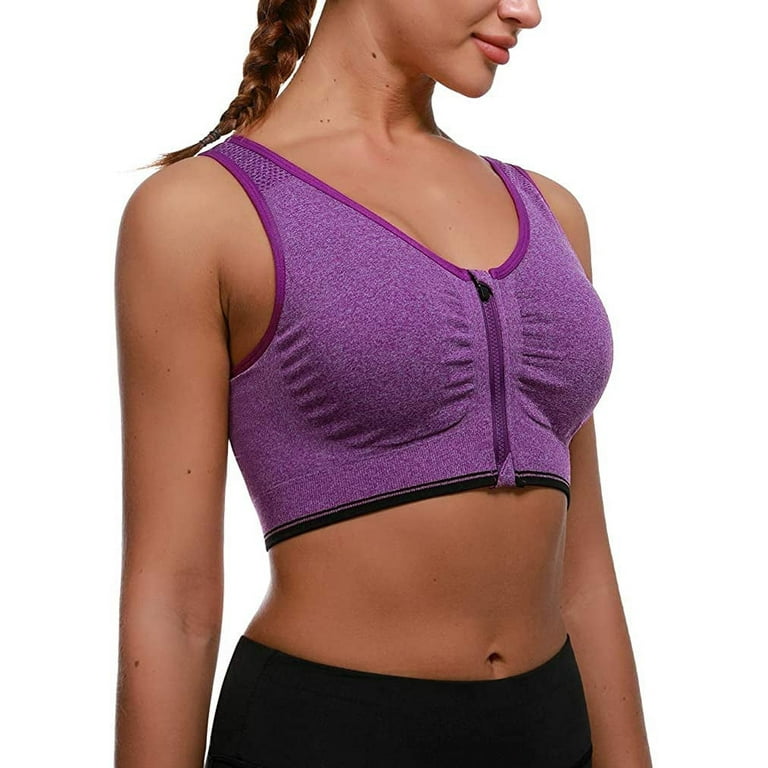 Women's Zip Front Sports Bra,Wireless Post-Surgery Bra Active Yoga Sports  Bras,Purple,green,Grey,Blue,Stain resistant