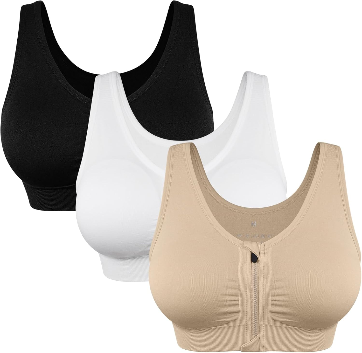 Women's Zip Front Sports Bra Wireless Post-Surgery, Yoga Sports Bras (L